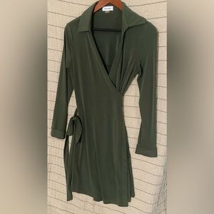 Dark Forest Green Stretchy Wrap Dress Long Sleeved with Collar